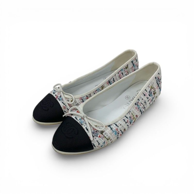 Chanel Flat Shoes Tweed White Black Multicolor CC Logo Ribbon