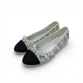 Chanel Flat Shoes Tweed White Black Multicolor CC Logo Ribbon