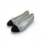 Chanel Flat Shoes Tweed White Black Multicolor CC Logo Ribbon
