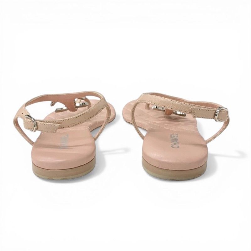 Chanel Sandals Shoes Leather Pink Silver CC Logo Quilted Thong — view 5