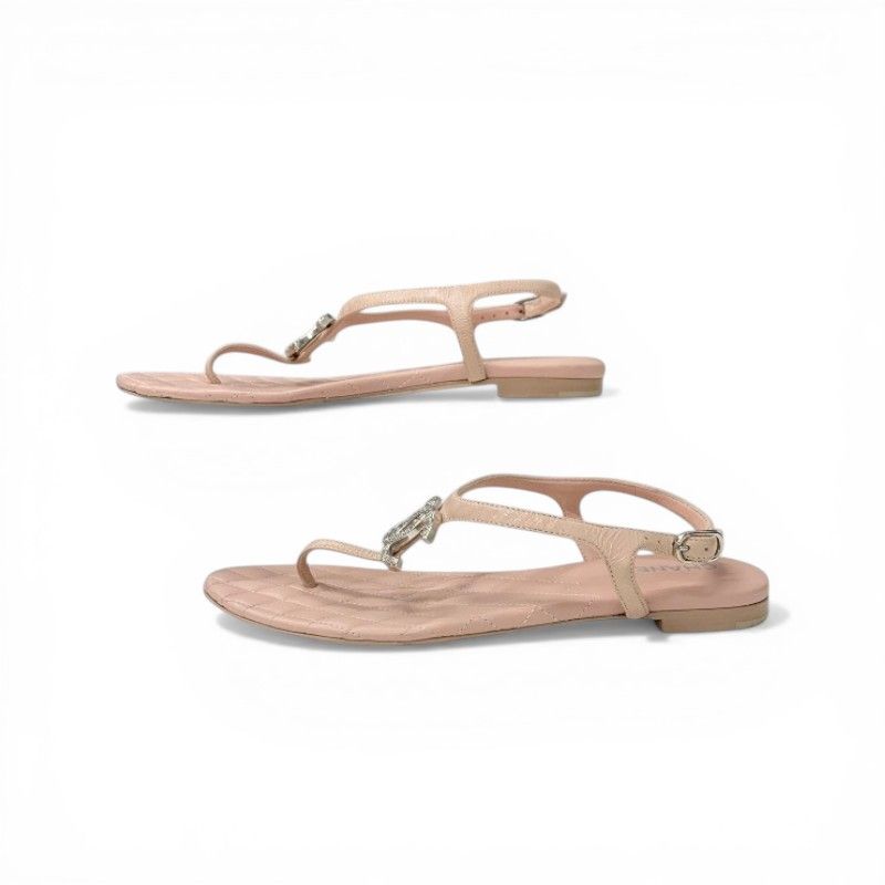 Chanel Sandals Shoes Leather Pink Silver CC Logo Quilted Thong — view 3