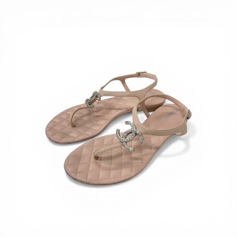 Chanel Sandals Shoes Leather Pink Silver CC Logo Quilted Thong