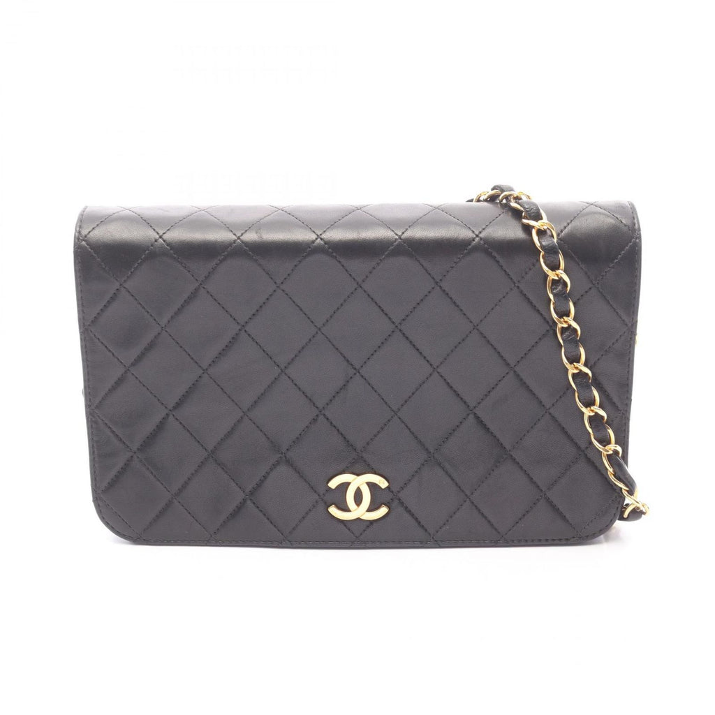 Chanel Shoulder Bag Quilted Full Flap Push Lock Black Lambskin Chain