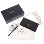 Prada Leather Chain Wallet Saffiano Black Gold 2-Way