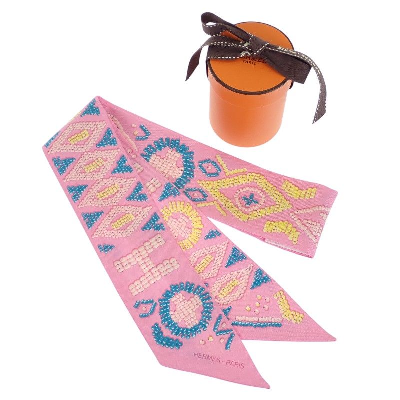 Hermes Kelly en Perles Scarf Silk Pink Blue