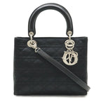 Dior Cannage 2-Way Shoulder Bag Satin Leather Black