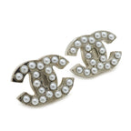 Chanel CC Logo Pearl Earrings Metal Faux White Silver — view 4