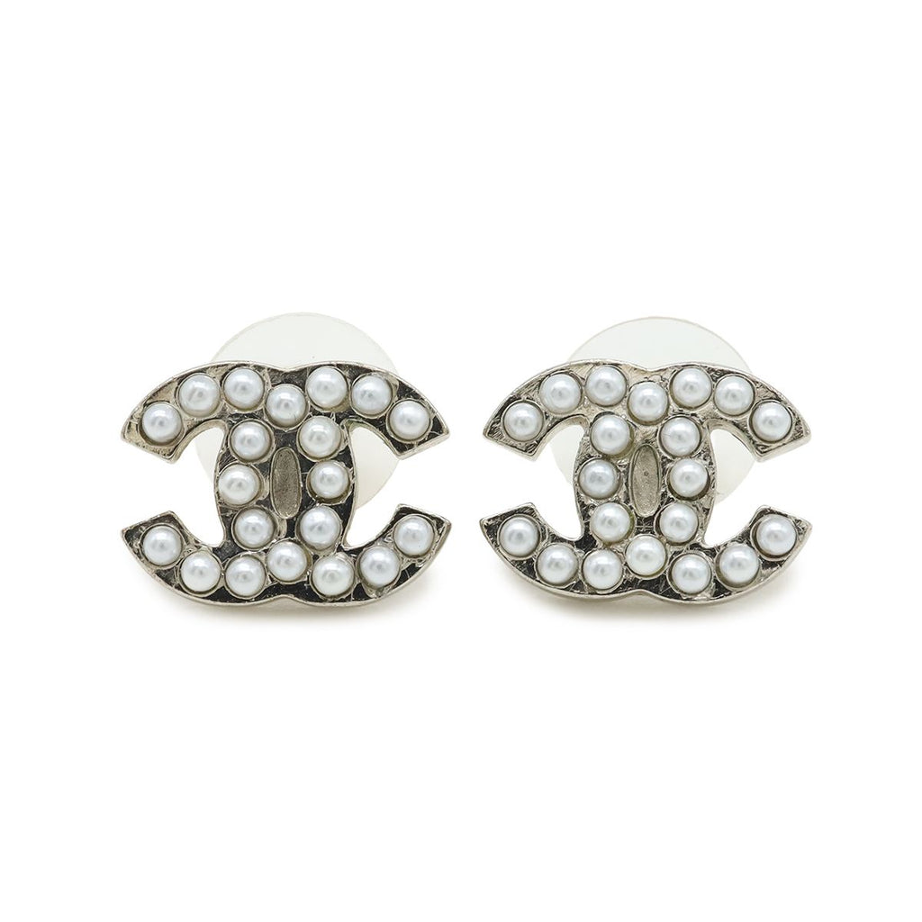 Chanel CC Logo Pearl Earrings Metal Faux White Silver