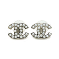 Chanel CC Logo Pearl Earrings Metal Faux White Silver