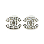Chanel CC Logo Pearl Earrings Metal Faux White Silver