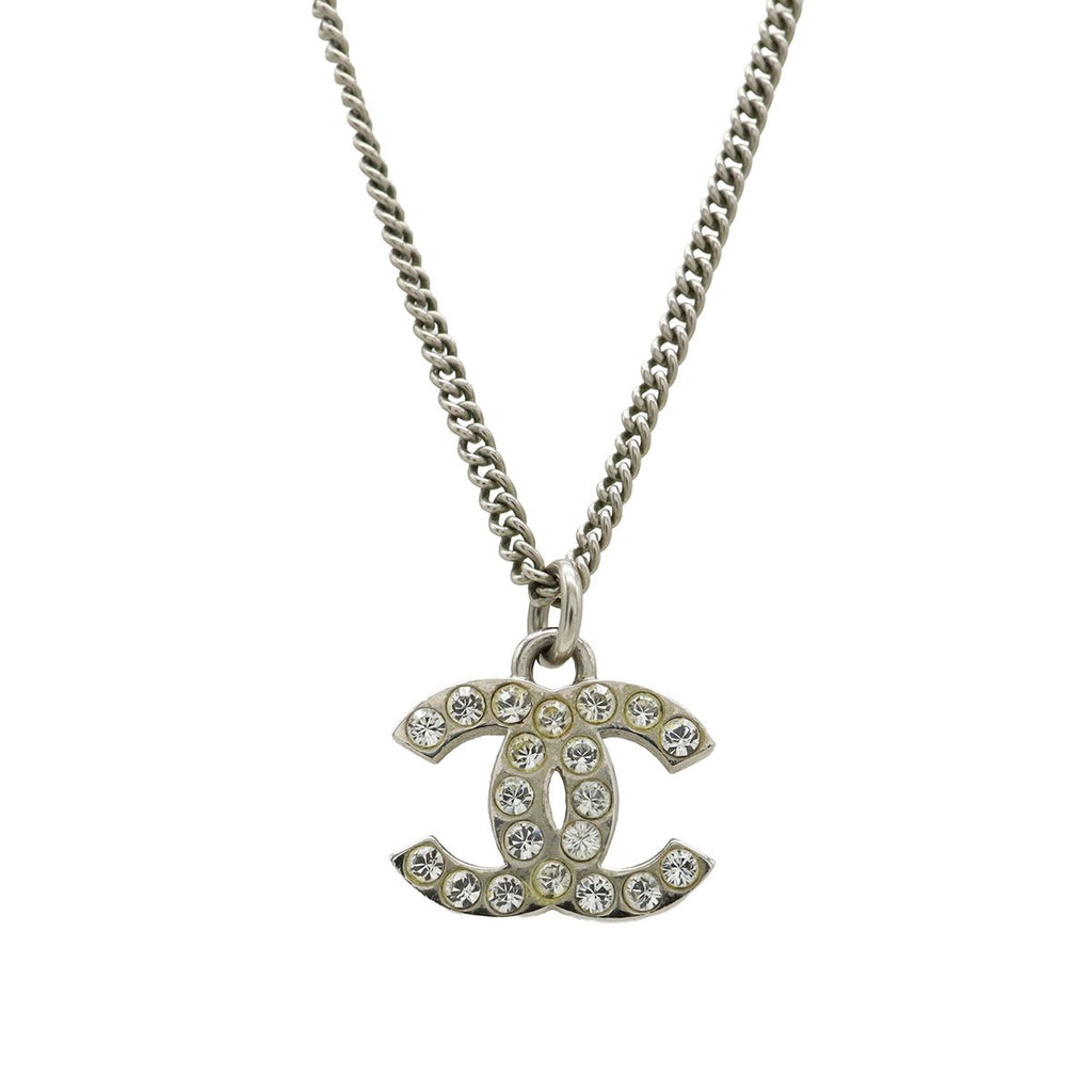 Chanel CC Logo Necklace Pendant Rhinestone Metal Silver