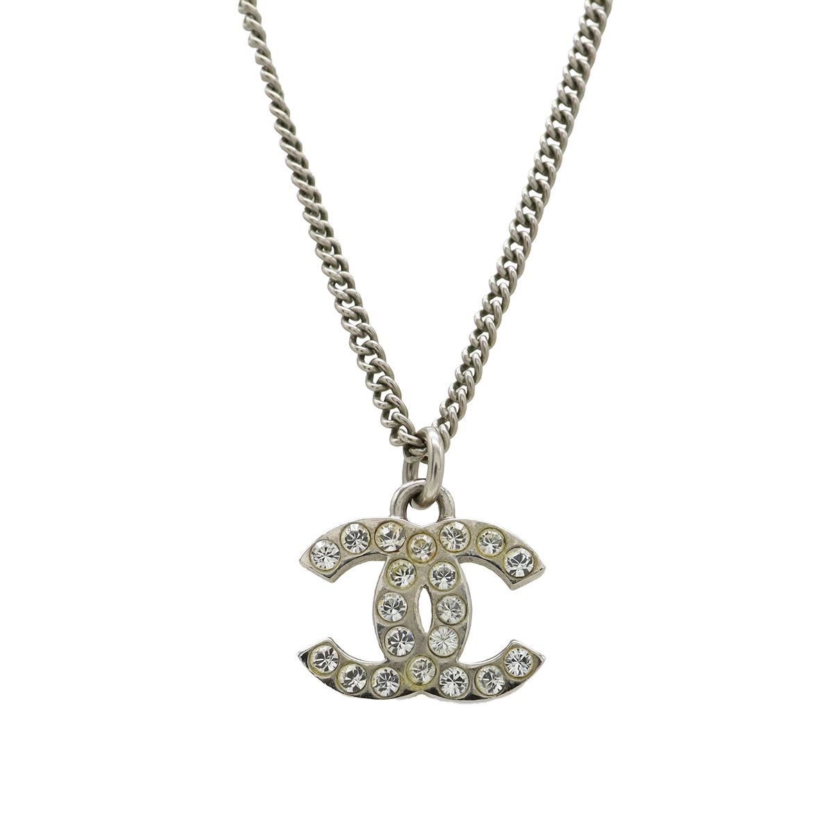 Chanel CC Logo Necklace Pendant Rhinestone Metal Silver