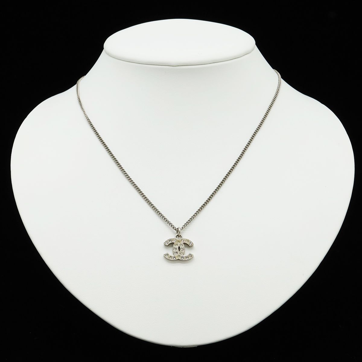 Chanel CC Logo Necklace Pendant Rhinestone Metal Silver — view 6