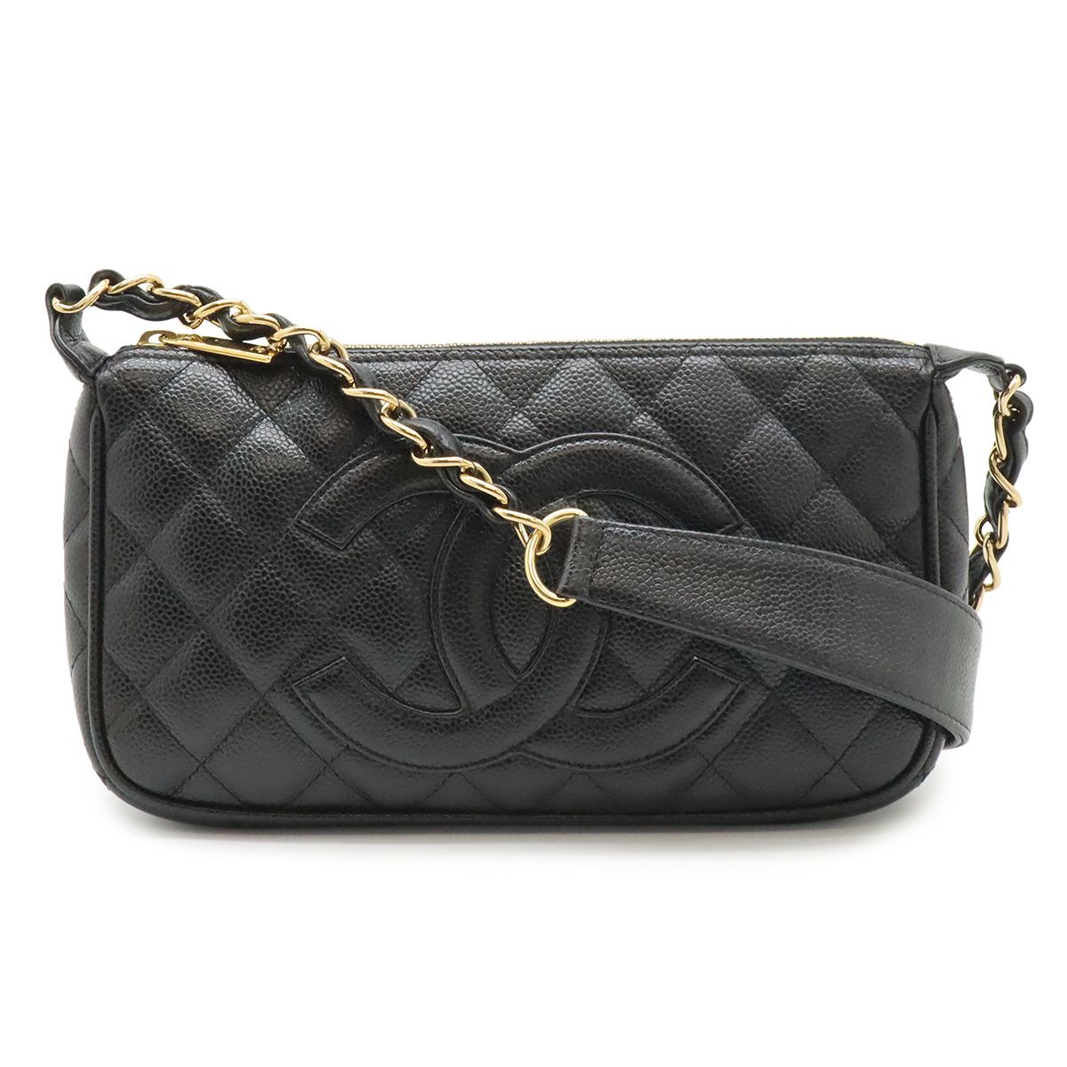 Chanel Quilted CC Logo Chain Shoulder Bag Caviar Leather Black Gold