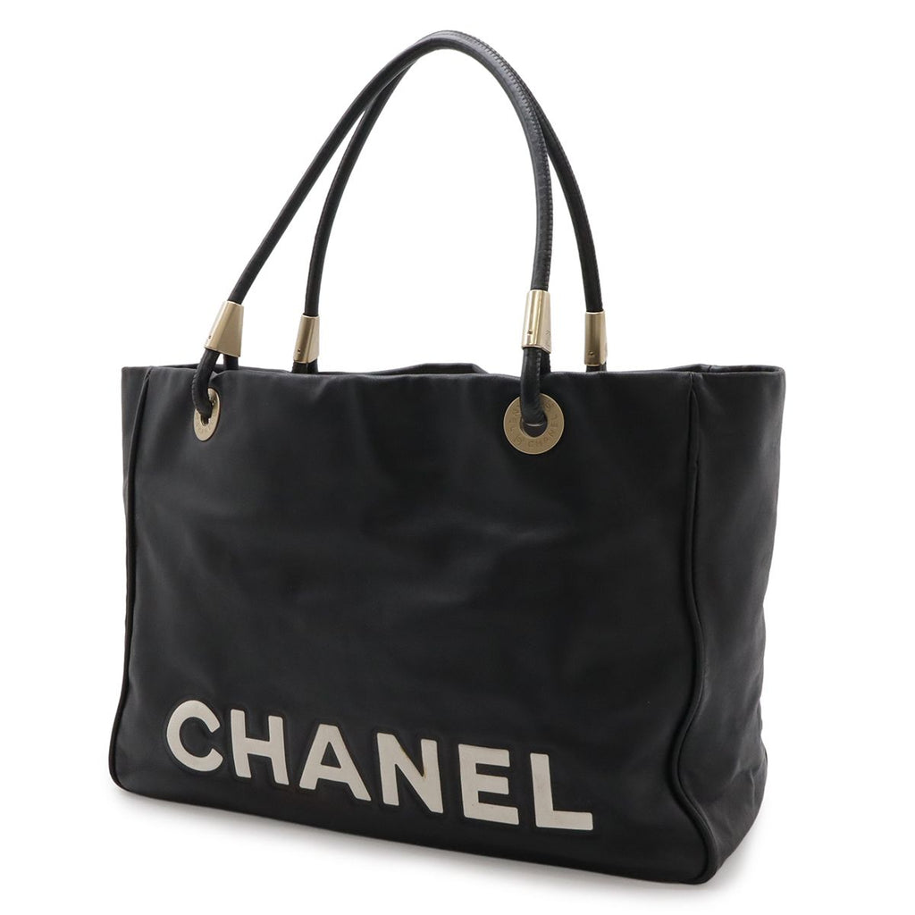 Chanel Camellia Logo Tote Large Shoulder Bag Leather Black Silver — view 2