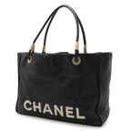 Chanel Camellia Logo Tote Large Shoulder Bag Leather Black Silver — view 2