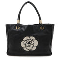 Chanel Camellia Logo Tote Large Shoulder Bag Leather Black Silver