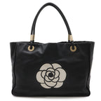 Chanel Camellia Logo Tote Large Shoulder Bag Leather Black Silver