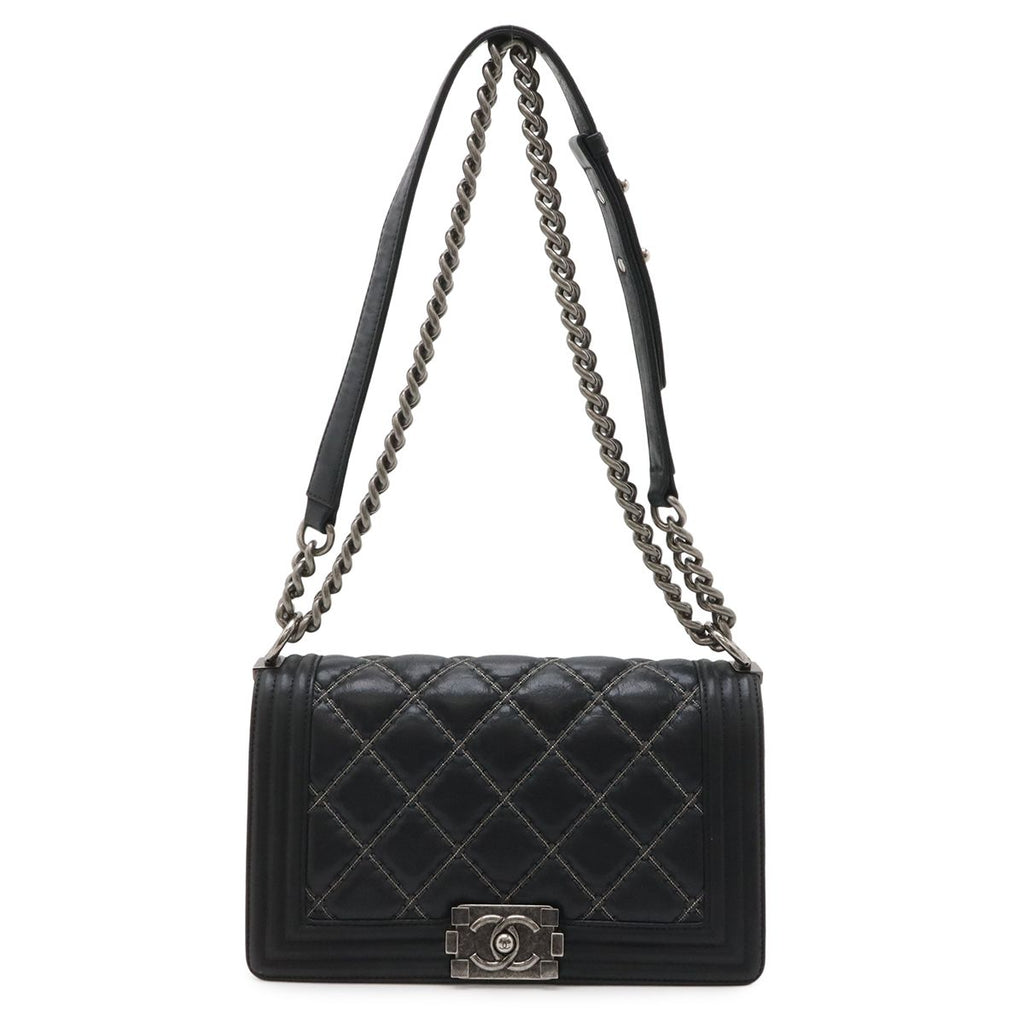Chanel 25 CC Logo Bead Chain Shoulder Bag Leather Black Antique Silver