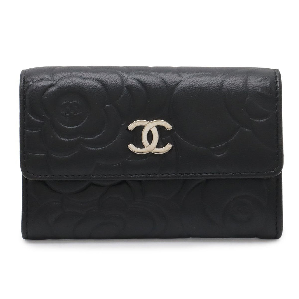Chanel Camellia Emboss CC Logo Card Case Business Holder Leather Black Silver