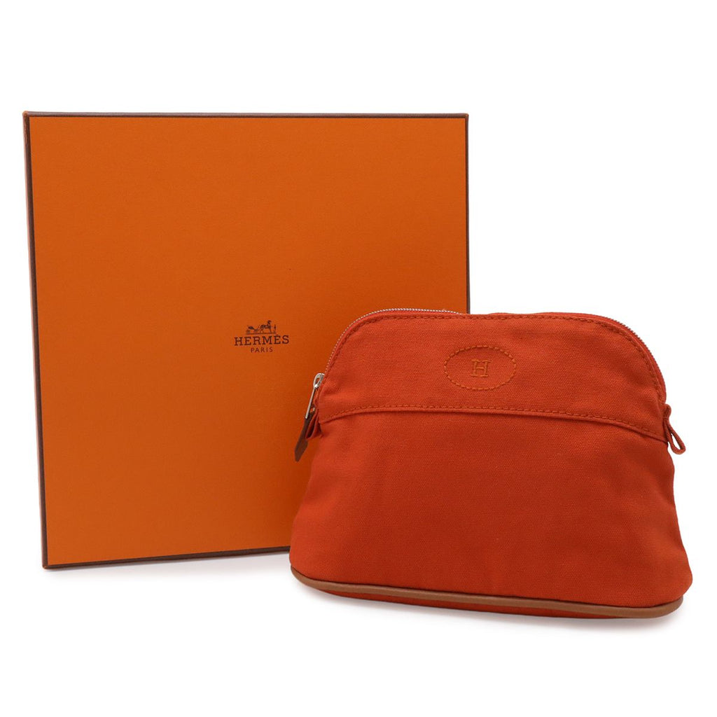 Hermes Bolide Pouch 20 Makeup Cosmetic Multi Case Canvas Leather Red Orange — view 6