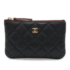 Chanel Quilted CC Logo Classic Small Zip Pouch Case Caviar Leather Black Gold