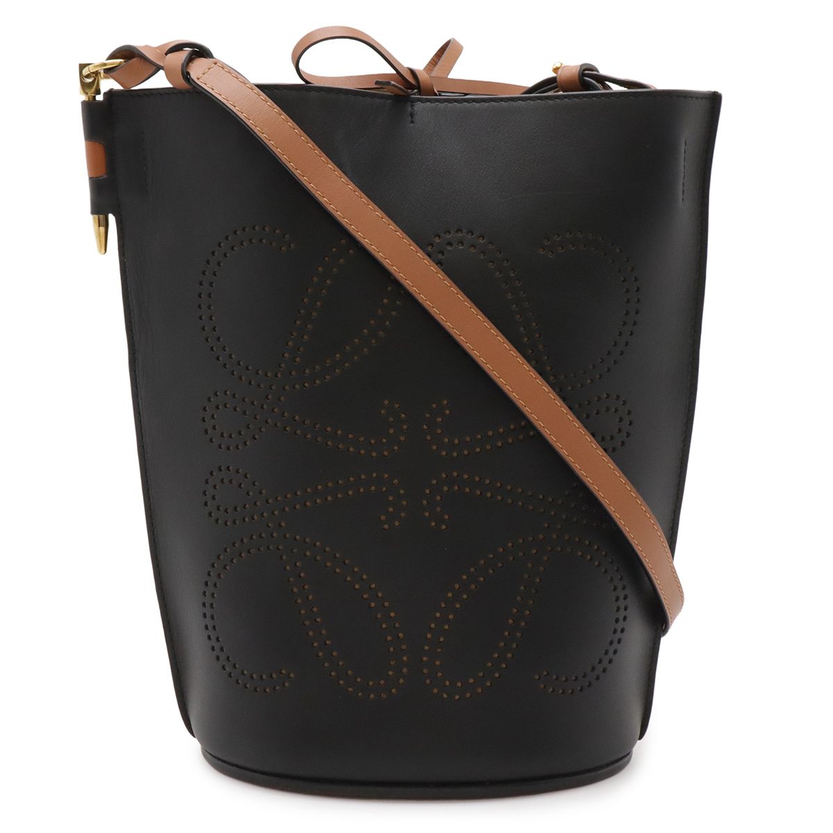Loewe Anagram Gate Bucket Logo Perforated Shoulder Bag Crossbody Leather Black