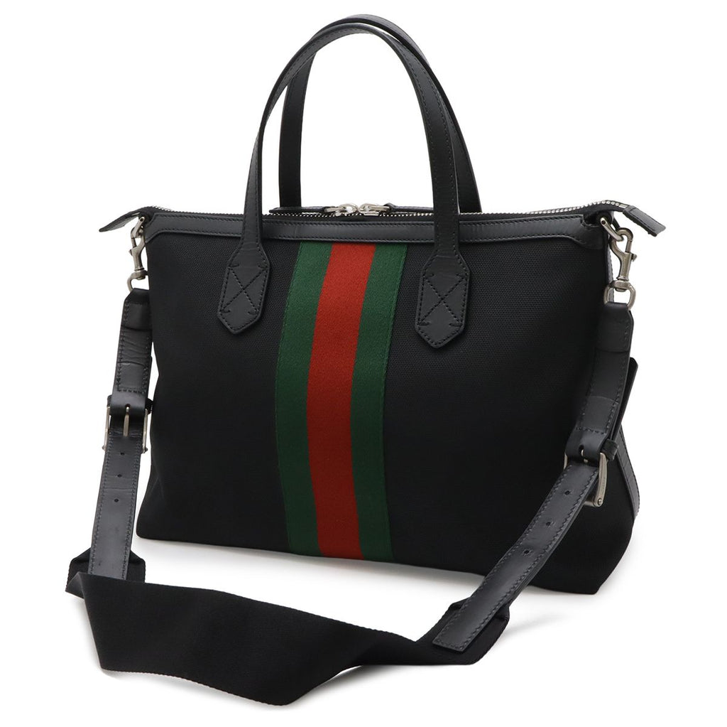 Gucci Sherry Line Webstripe Tote 2-Way Shoulder Bag Nylon Canvas Black — view 2