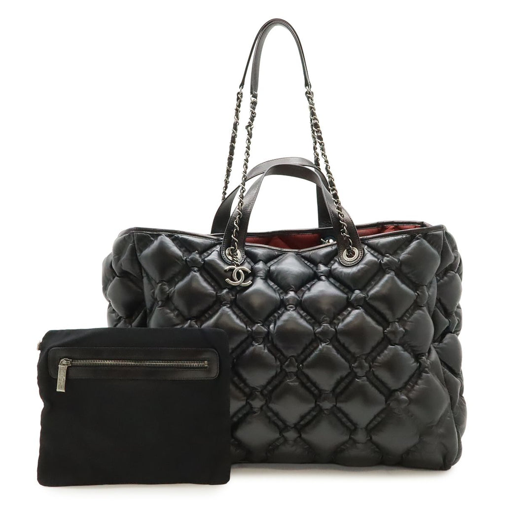 Chanel Bubble Quilt Tote Large 2-Way Handbag Chain Shoulder Leather Black Silver