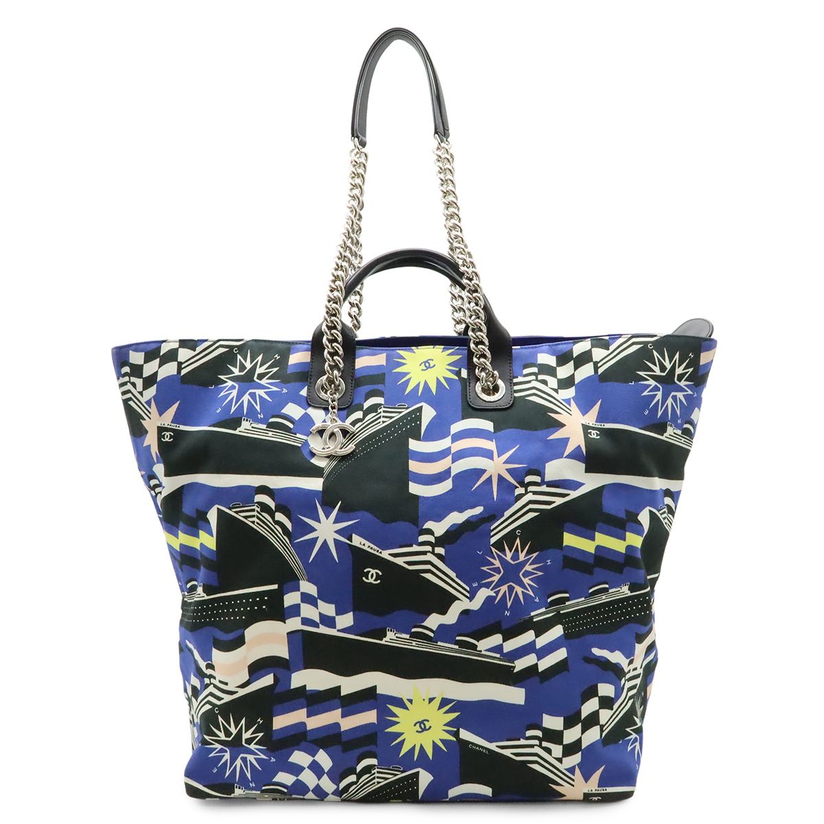 Chanel la Pausa Tote 2-Way Chain Shoulder Bag Ship Motif Canvas Blue Black