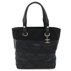 Chanel Paris Biarritz Tote PM Shoulder Bag Leather Black Silver