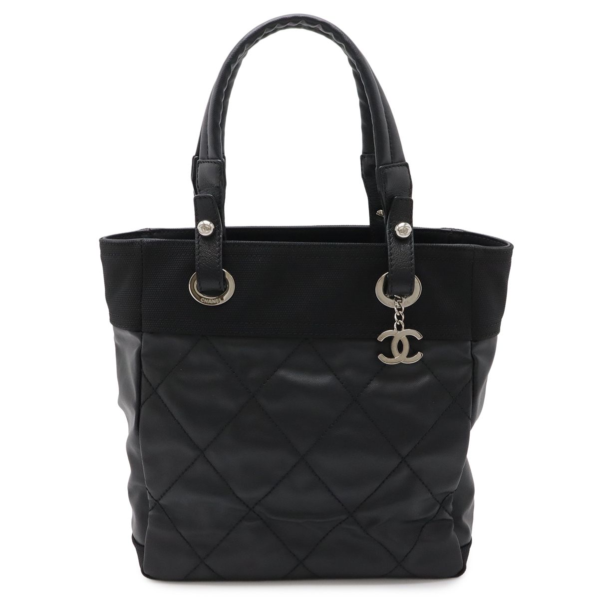 Chanel Paris Biarritz Tote PM Shoulder Bag Leather Black Silver
