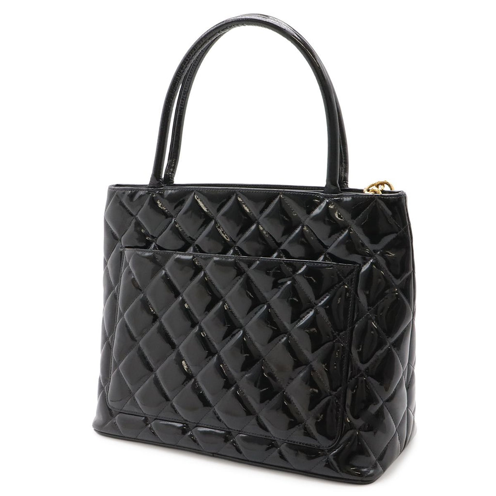 Chanel Quilted CC Logo Medallion Tote Shoulder Bag Enamel Leather Black Gold — view 2