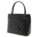 Chanel Quilted CC Logo Medallion Tote Shoulder Bag Enamel Leather Black Gold — view 2