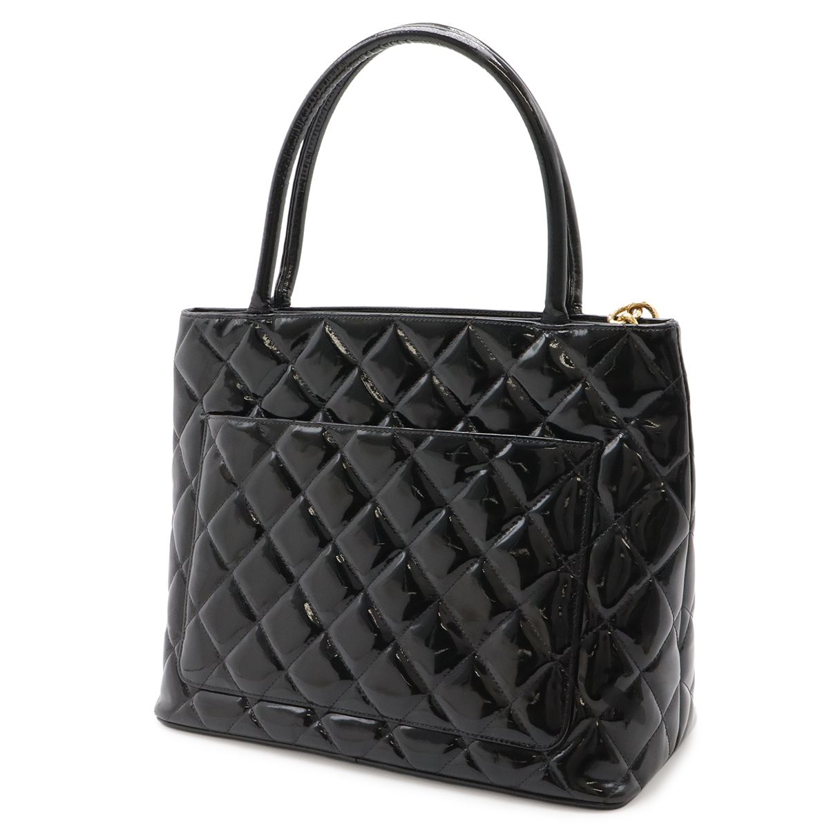 Chanel Quilted CC Logo Medallion Tote Shoulder Bag Enamel Leather Black Gold — view 2