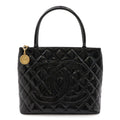 Chanel Quilted CC Logo Medallion Tote Shoulder Bag Enamel Leather Black Gold