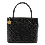 Chanel Quilted CC Logo Medallion Tote Shoulder Bag Enamel Leather Black Gold