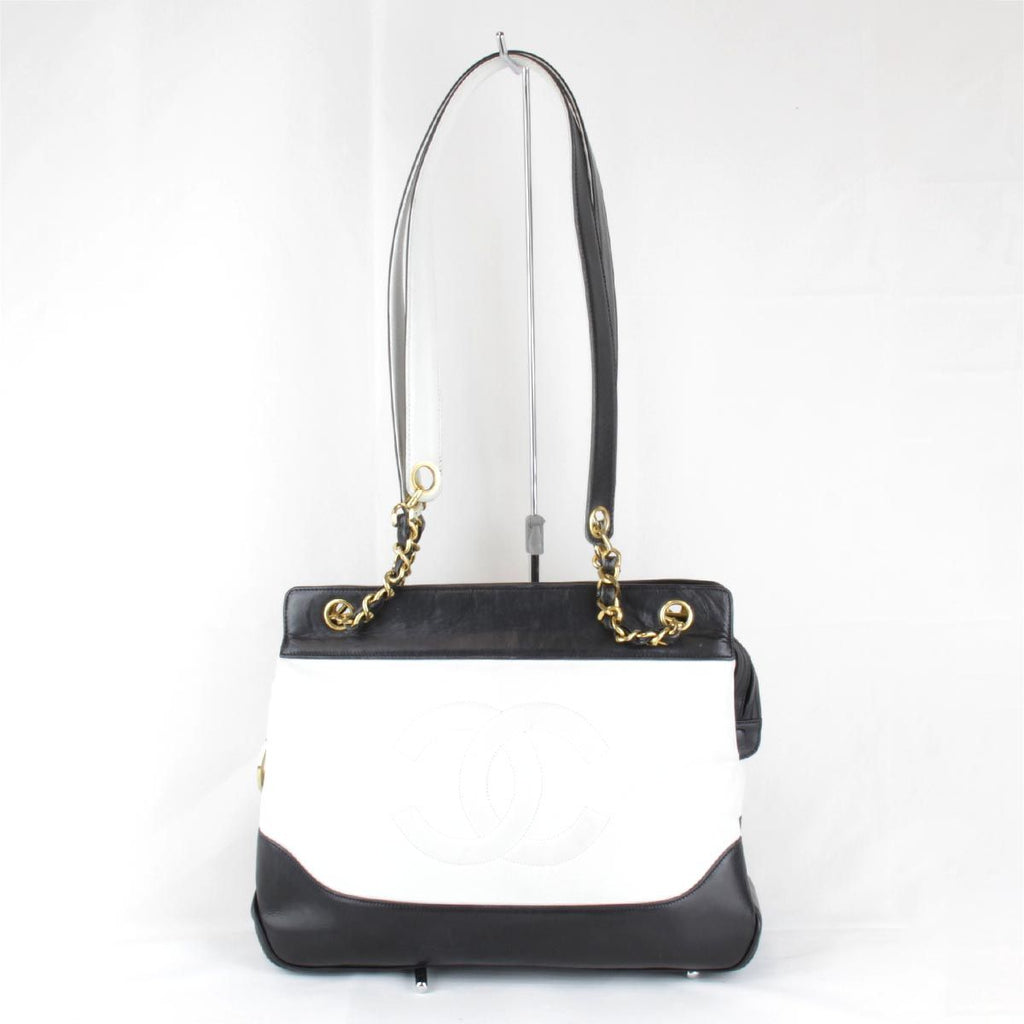 Chanel Bicolor Chain Shoulder Bag Leather White