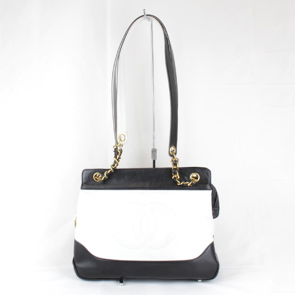 Chanel Bicolor Chain Shoulder Bag Leather White