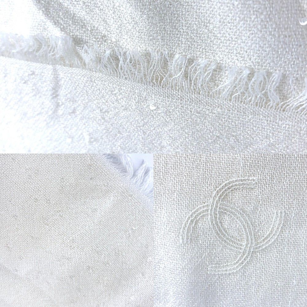Chanel Shawl Sequins Large CC Logo Silk Cashmere Ivory Scarf — view 4