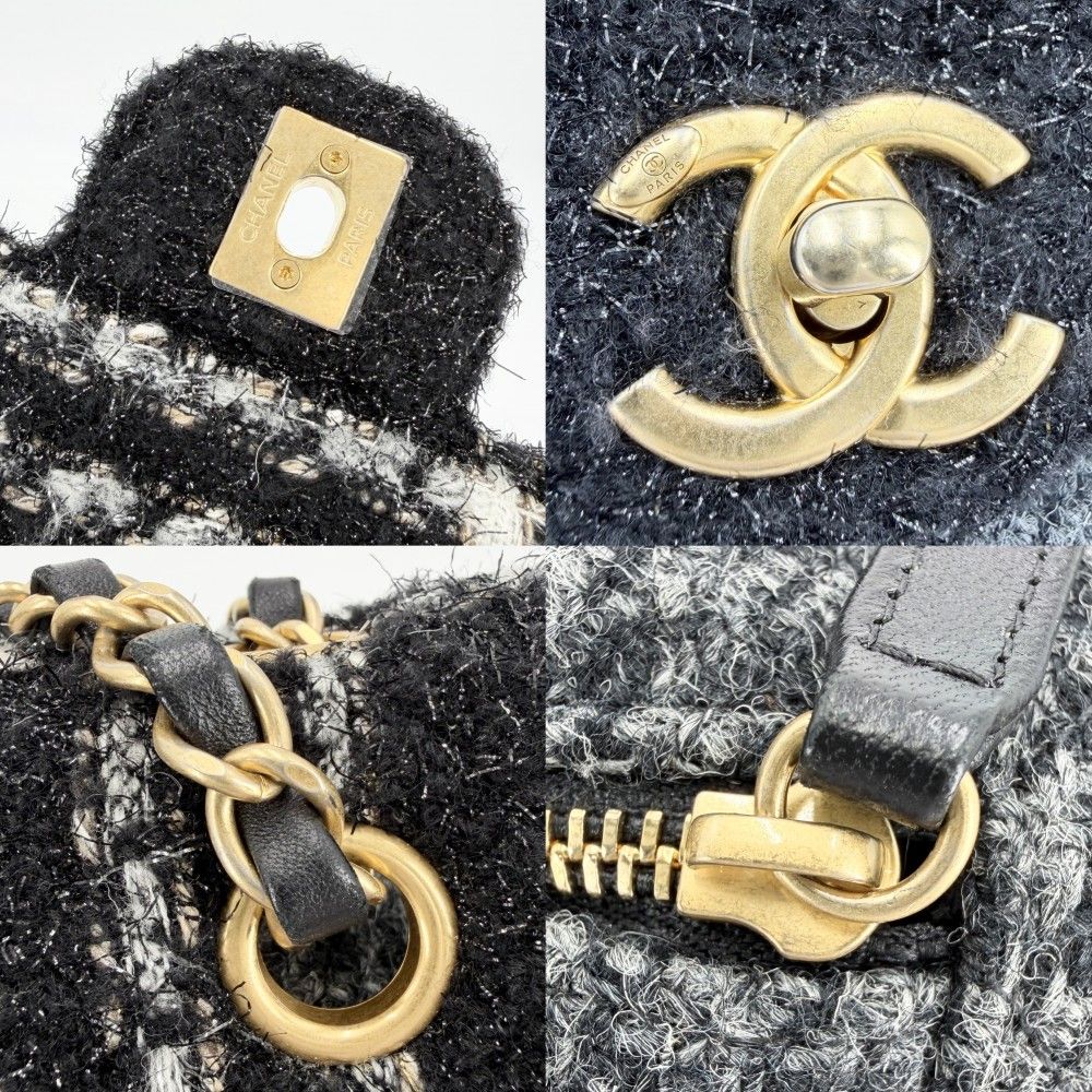 Chanel Shoulder Bag CC Logo Double Chain Turnlock Bag Crossbody Tweed Wool — view 6