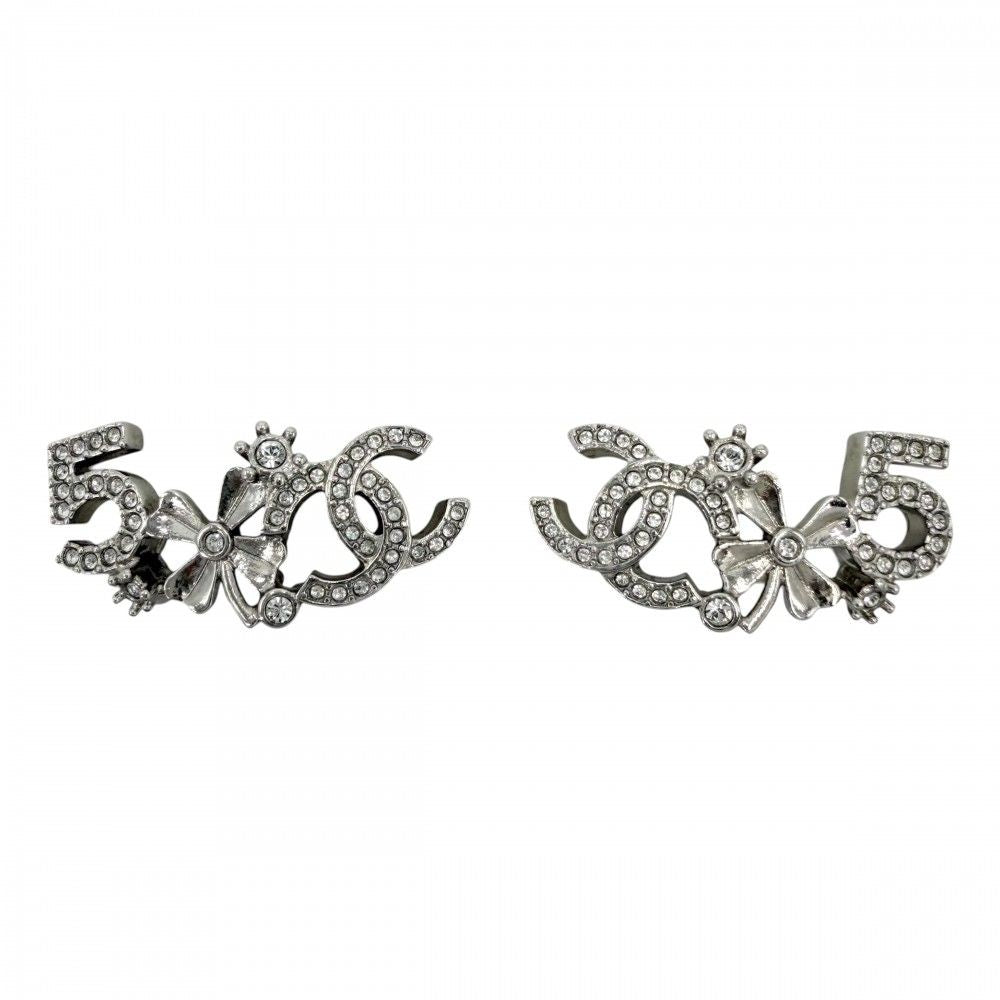 Chanel Earrings CC Logo Clover Rhinestone Silver