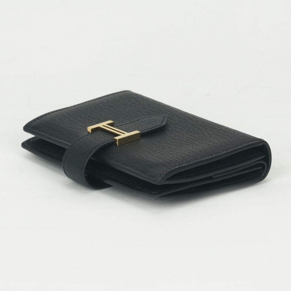 Hermes Bearn Mini Coin Purse Wallet Bifold Mini Chevre Noir Black Gold Compact — view 4