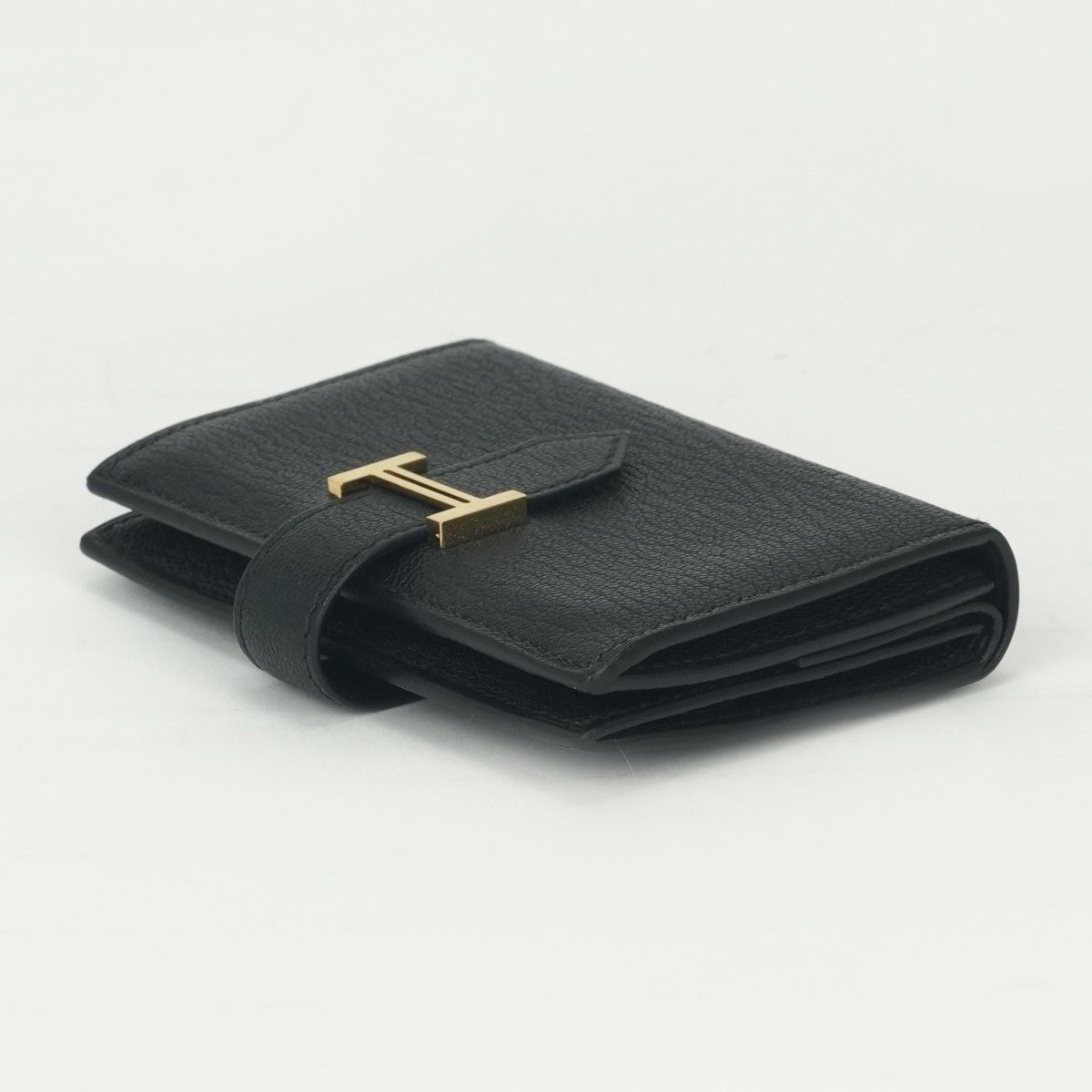 Hermes Bearn Mini Coin Purse Wallet Bifold Mini Chevre Noir Black Gold Compact — view 4