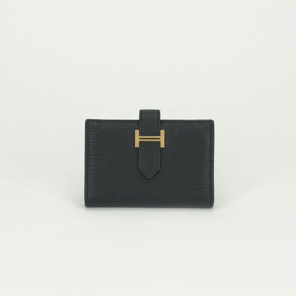 Hermes Bearn Mini Coin Purse Wallet Bifold Mini Chevre Noir Black Gold Compact
