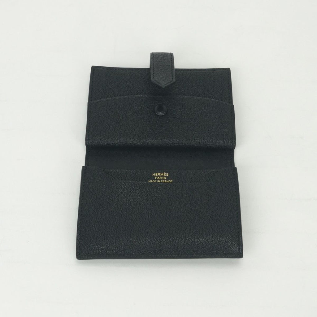 Hermes Bearn Mini Coin Purse Wallet Bifold Mini Chevre Noir Black Gold Compact — view 7