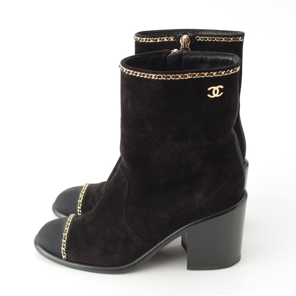 Chanel Suede CC Logo Chain Ankle Boots Shoes Black 36c — view 3