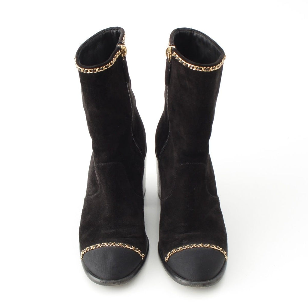 Chanel Suede CC Logo Chain Ankle Boots Shoes Black 36c — view 2