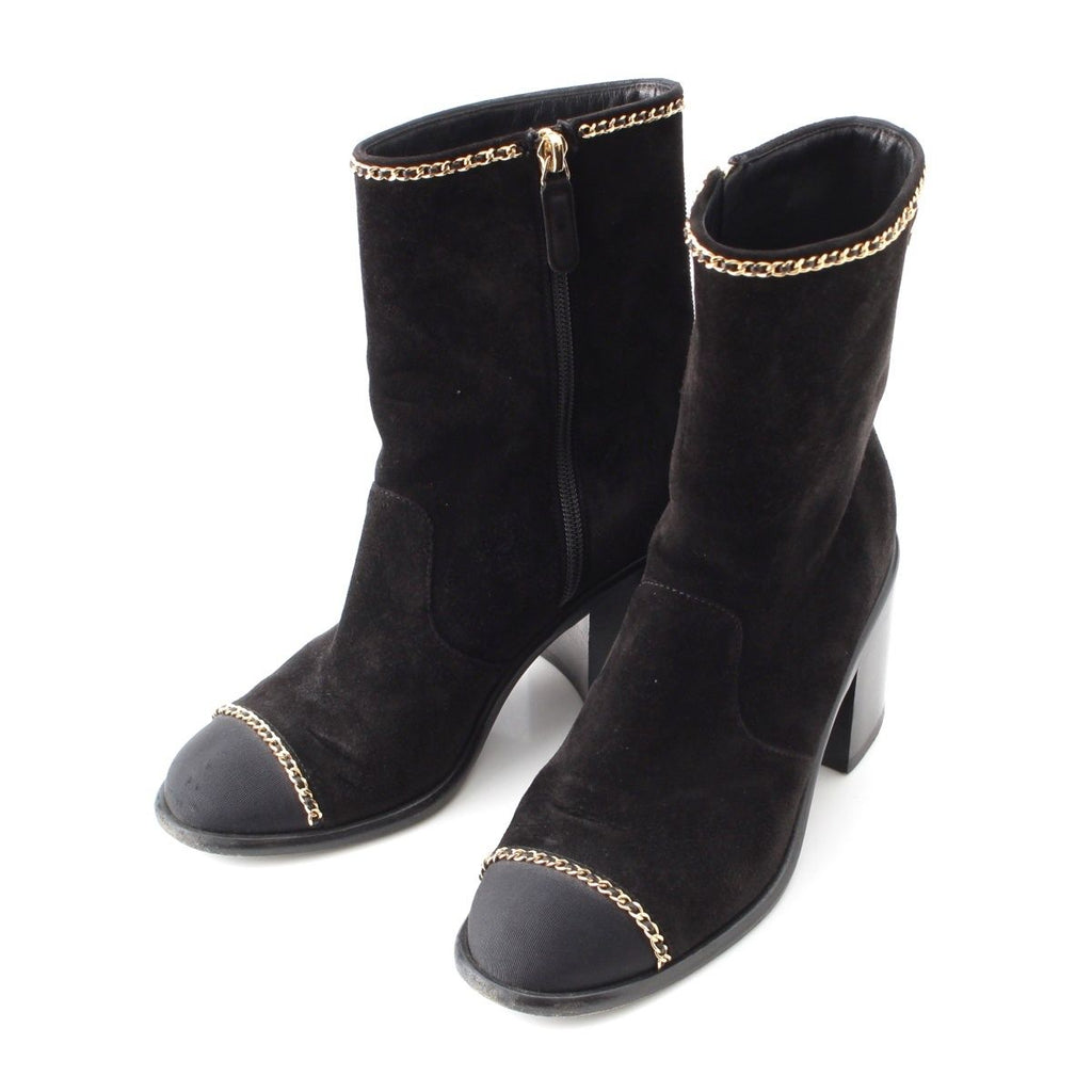 Chanel Suede CC Logo Chain Ankle Boots Shoes Black 36c