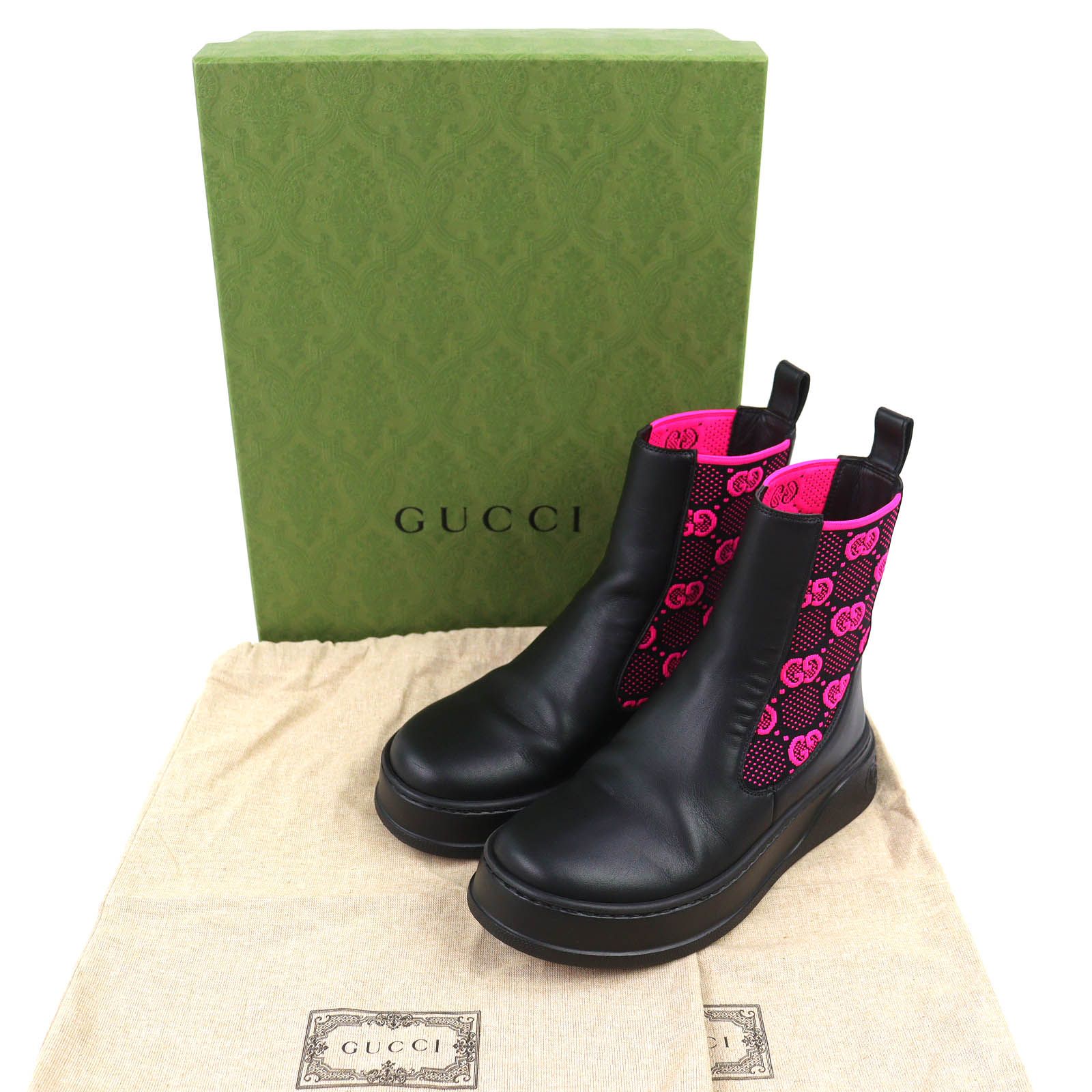 Gucci Logo GG Jersey Side Gore Ankle Boots Short Black Pink 35.5 Recommended — view 2